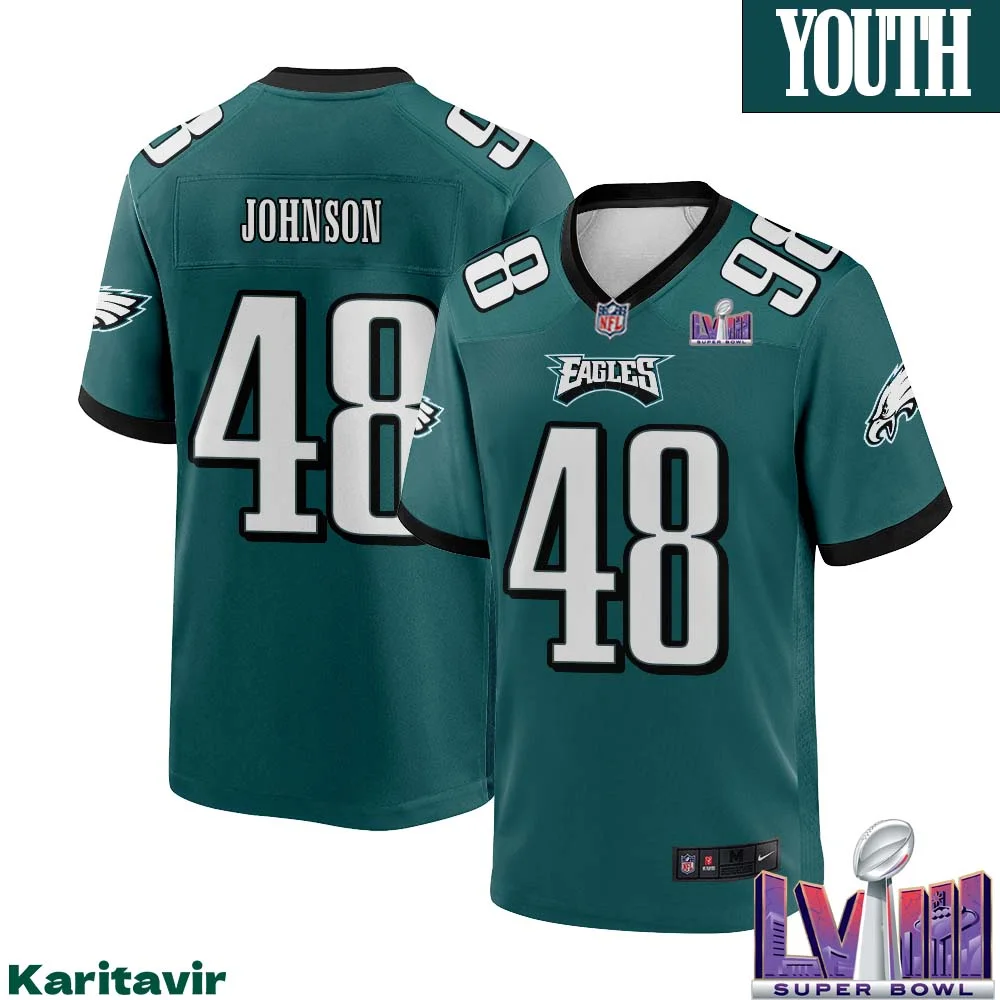 Patrick Johnson No 48 Youth Midnight Green Philadelphia Eagles Super Bowl LVIII Home Game Player Jersey 1