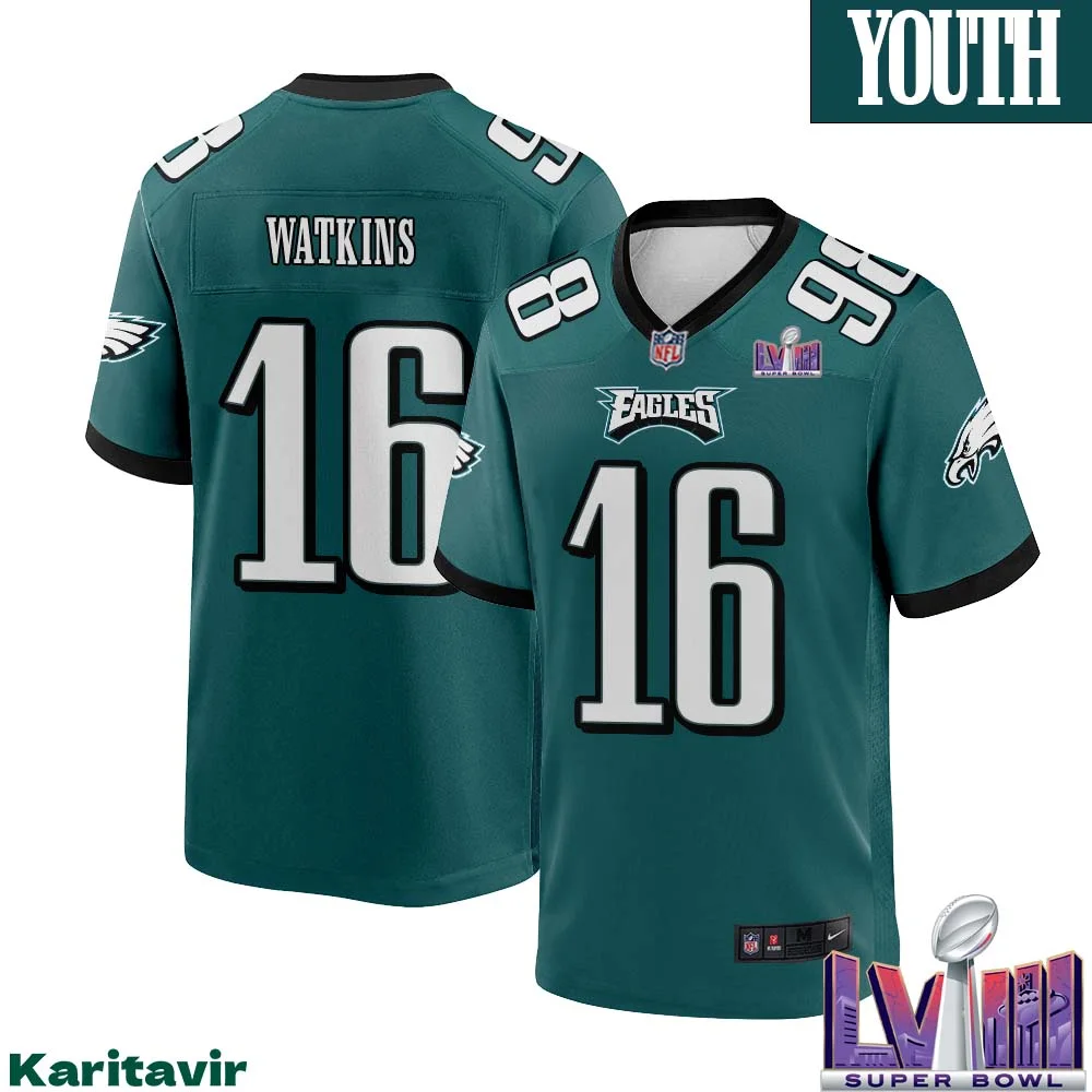 Quez Watkins No 16 Youth Midnight Green Philadelphia Eagles Super Bowl LVIII Home Game Player Jersey 1