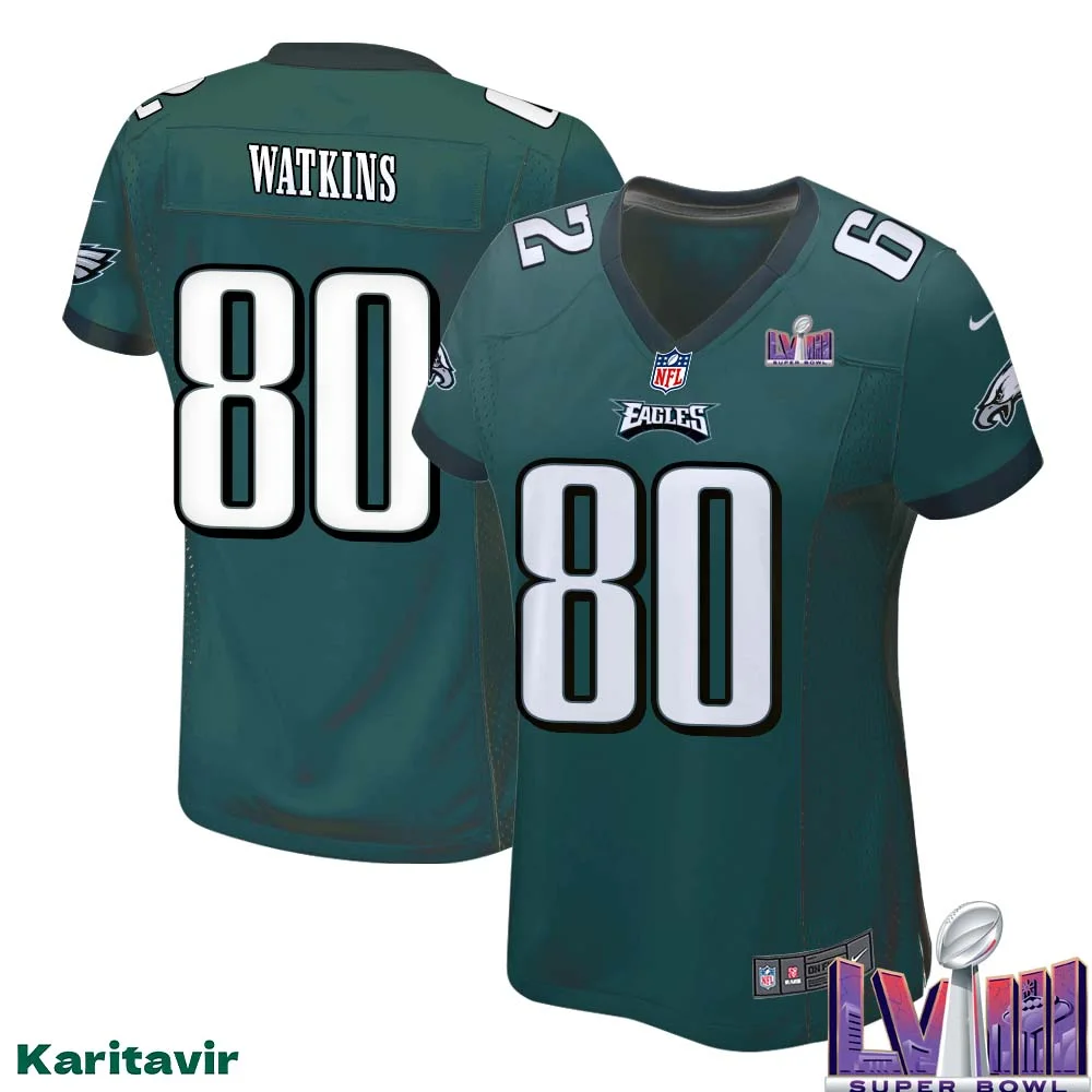 Quez Watkins No 80 Women Midnight Green Philadelphia Eagles Super Bowl LVIII Home Game Player Jersey 1
