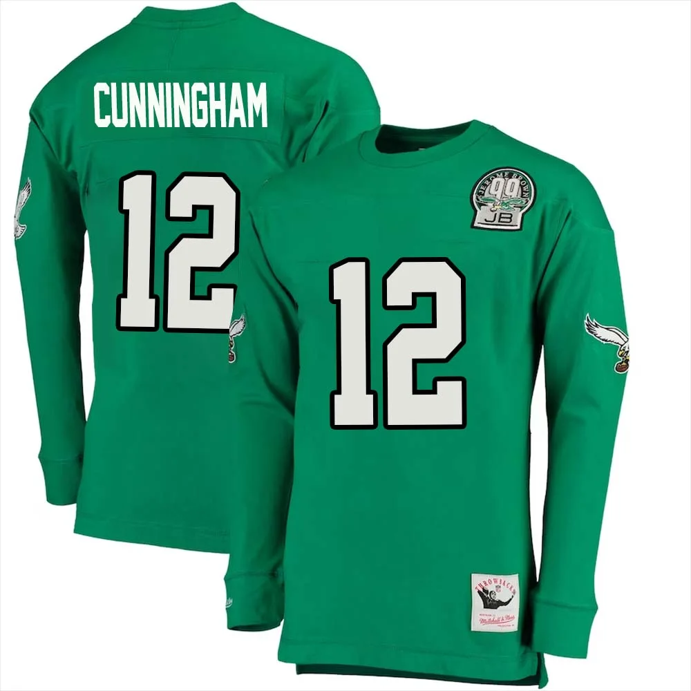 Randall Cunningham No 12 Mitchell Ness Kelly Long Sleeve Top Green Philadelphia Eagles Throwback Retired Player