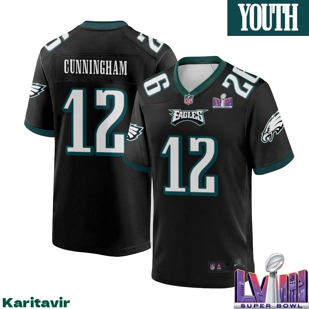 Randall Cunningham No 12 Youth Black Philadelphia Eagles Super Bowl LVIII Alternate Game Player Jersey