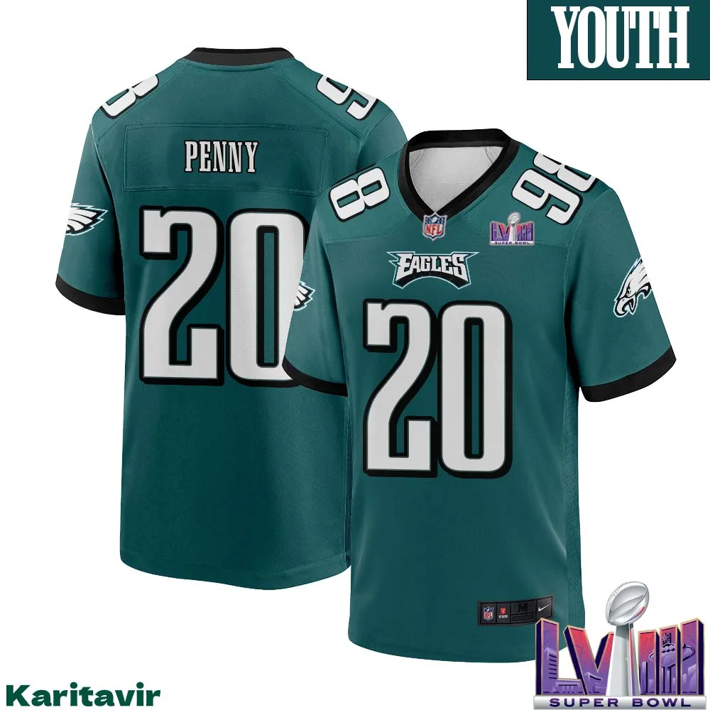 Rashaad Penny No 20 Youth Midnight Green Philadelphia Eagles Super Bowl LVIII Home Game Player Jersey 1