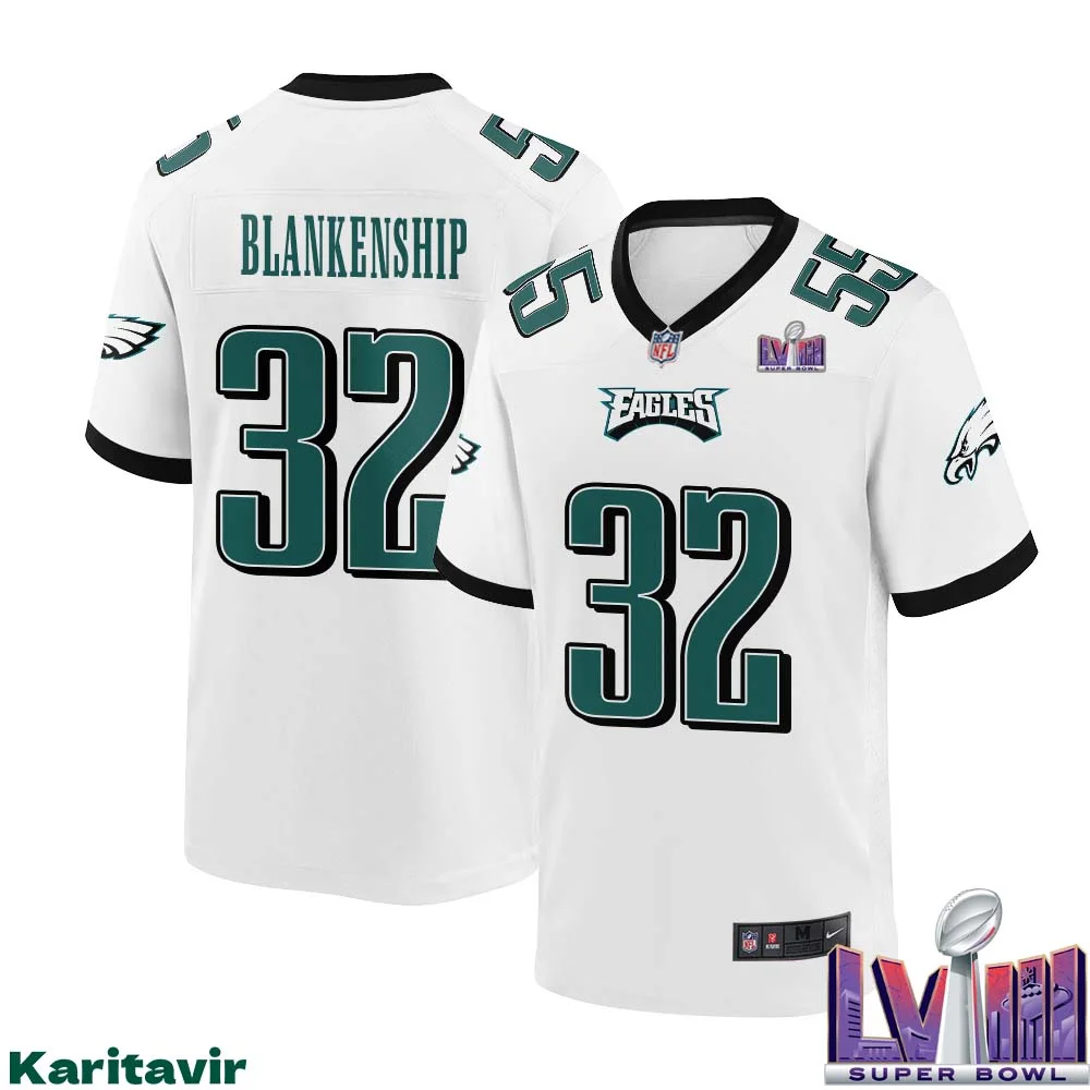 Reed Blankenship No 32 Men White Philadelphia Eagles Super Bowl LVIII Away Game Player Jersey 1