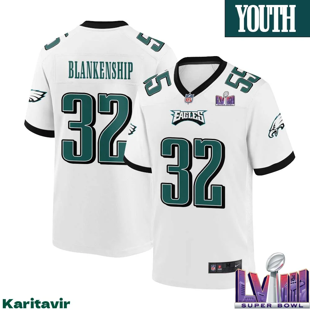 Reed Blankenship No 32 Youth White Philadelphia Eagles Super Bowl LVIII Away Game Player Jersey 1