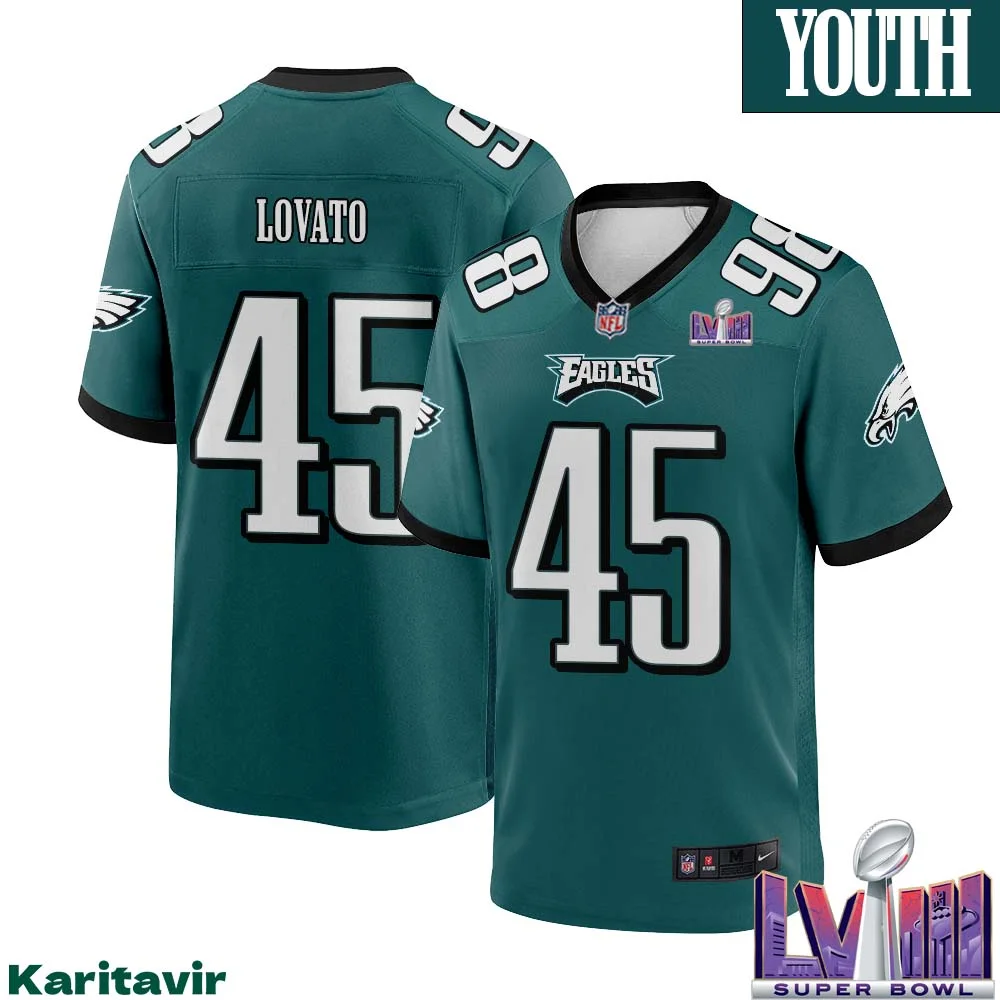 Rick Lovato No 45 Youth Midnight Green Philadelphia Eagles Super Bowl LVIII Home Game Player Jersey