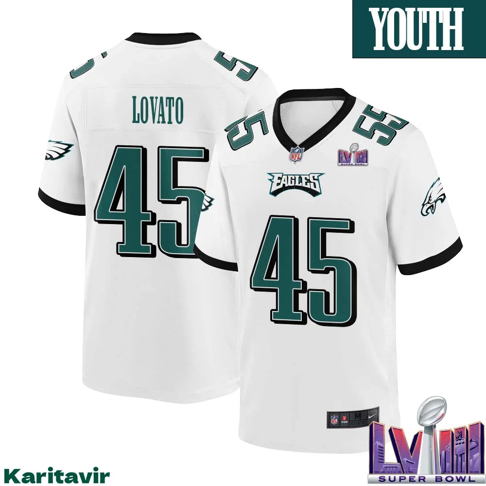 Rick Lovato No 45 Youth White Philadelphia Eagles Super Bowl LVIII Away Game Player Jersey