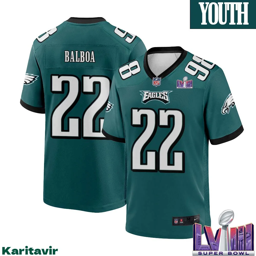 Rocky Balboa No 22 Youth Midnight Green Philadelphia Eagles Super Bowl LVIII Home Game Player Jersey 1