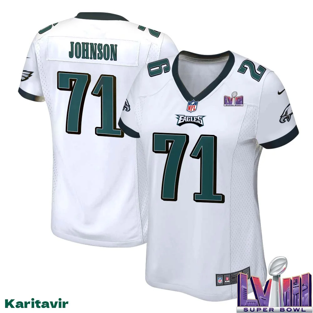 Roderick Johnson No 71 Women White Eagles Super Bowl LVIII Away Game Player Jersey 1