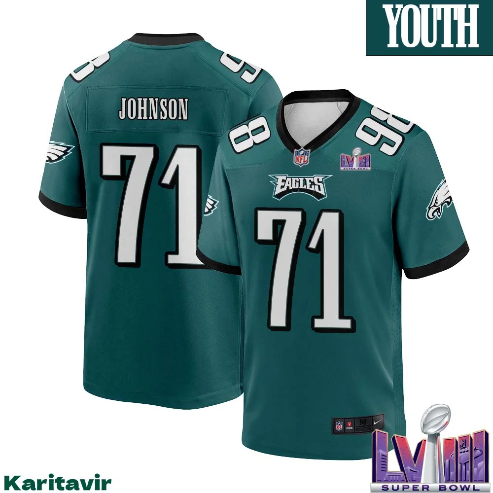 Roderick Johnson No 71 Youth Midnight Green Philadelphia Eagles Super Bowl LVIII Home Game Player Jersey 1