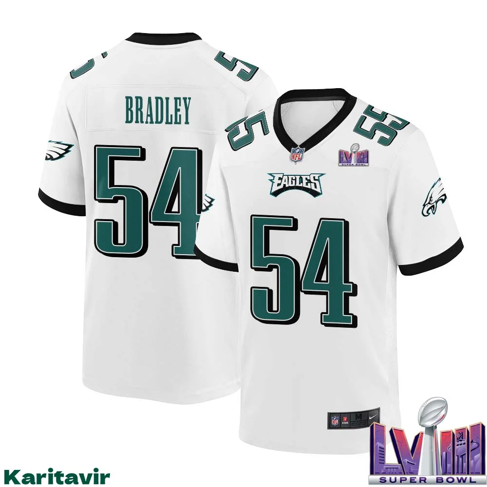 Shaun Bradley No 54 Men White Philadelphia Eagles Super Bowl LVIII Away Game Player Jersey 1