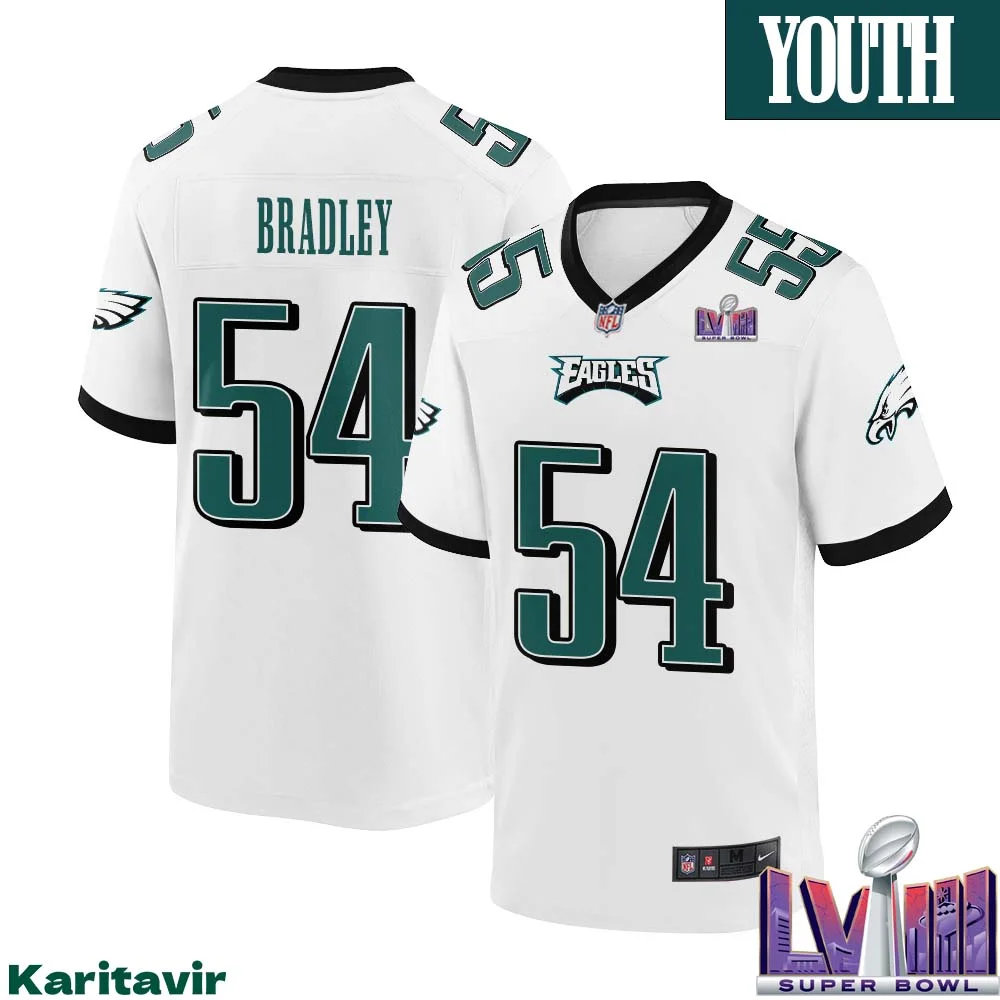 Shaun Bradley No 54 Youth White Philadelphia Eagles Super Bowl LVIII Away Game Player Jersey
