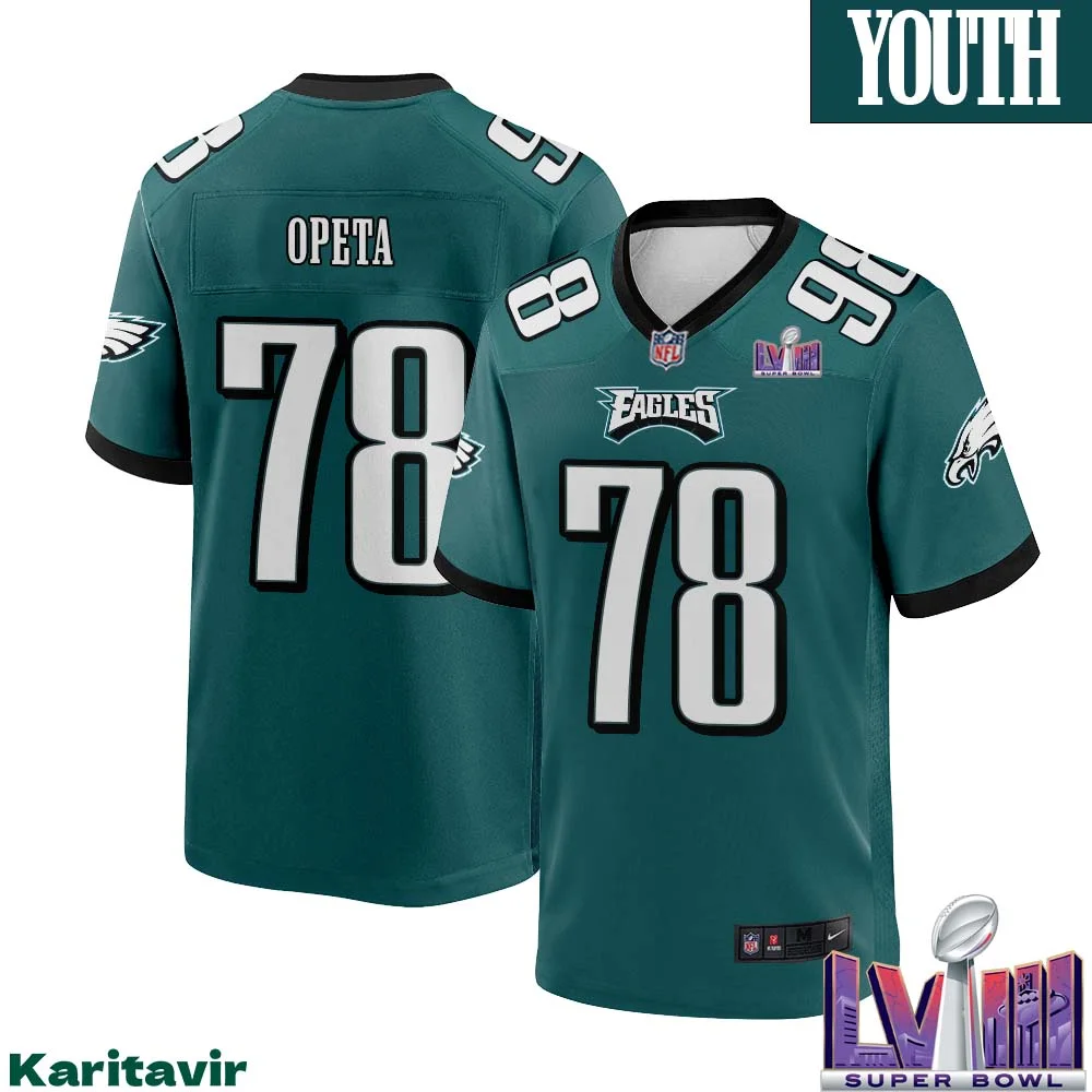 Sua Opeta No 78 Youth Midnight Green Philadelphia Eagles Super Bowl LVIII Home Game Player Jersey