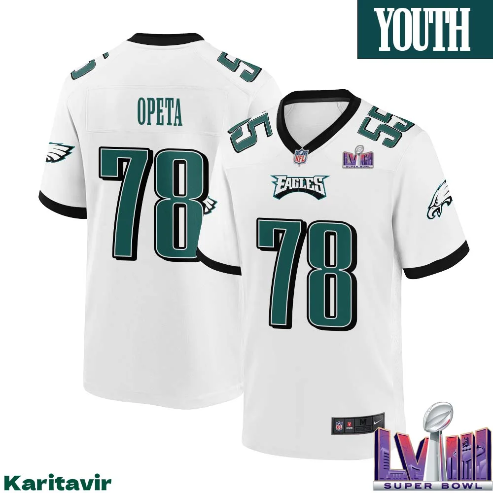 Sua Opeta No 78 Youth White Philadelphia Eagles Super Bowl LVIII Away Game Player Jersey