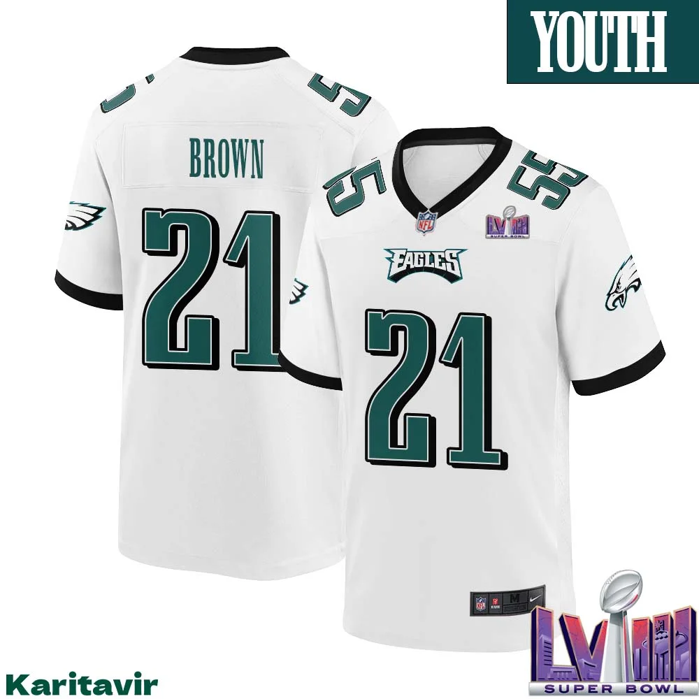 Sydney Brown No 21 Youth White Philadelphia Eagles Super Bowl LVIII Away Game Player Jersey 1