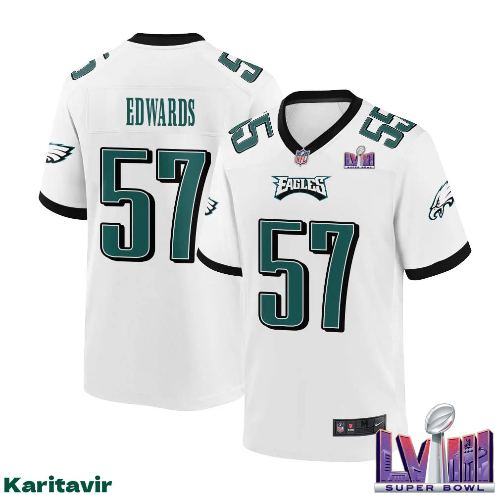 T.J. Edwards No 57 Men White Philadelphia Eagles Super Bowl LVIII Away Game Player Jersey 1