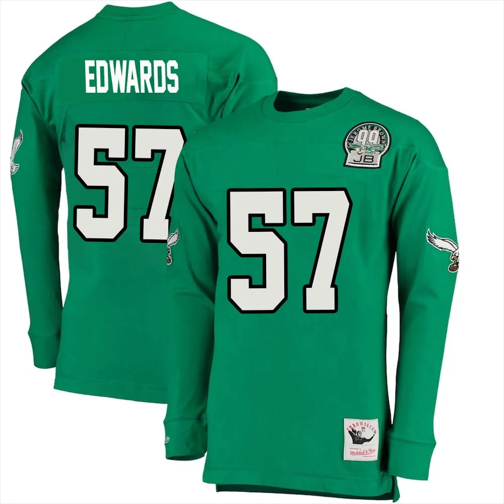 T.J. Edwards No 57 Mitchell Ness Kelly Long Sleeve Top Green Philadelphia Eagles Throwback Retired Player 1