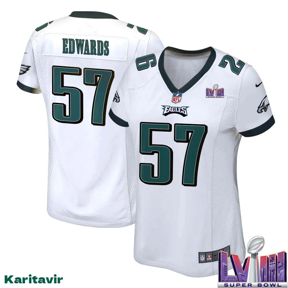 T.J. Edwards No 57 Women White Eagles Super Bowl LVIII Away Game Player Jersey