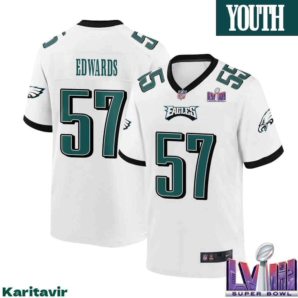 T.J. Edwards No 57 Youth White Philadelphia Eagles Super Bowl LVIII Away Game Player Jersey 1