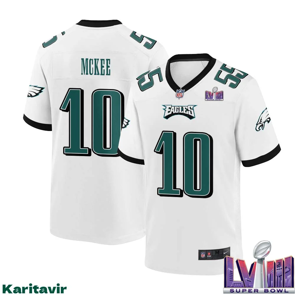 Tanner Mckee No 10 Men White Philadelphia Eagles Super Bowl LVIII Away Game Player Jersey 1
