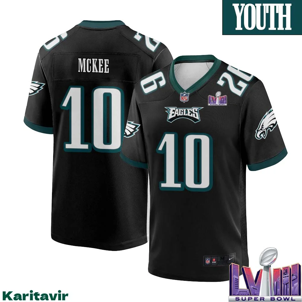 Tanner Mckee No 10 Youth Black Philadelphia Eagles Super Bowl LVIII Alternate Game Player Jersey