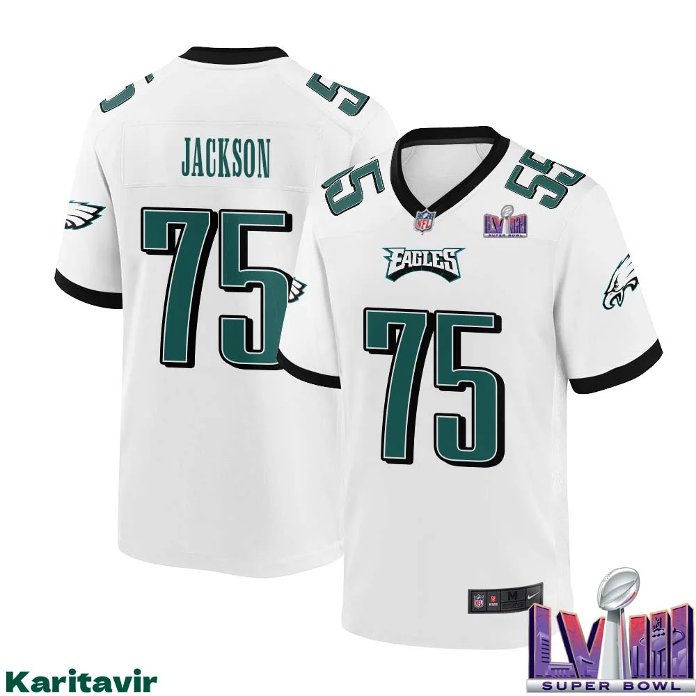 Tarron Jackson No 75 Men White Philadelphia Eagles Super Bowl LVIII Away Game Player Jersey 1