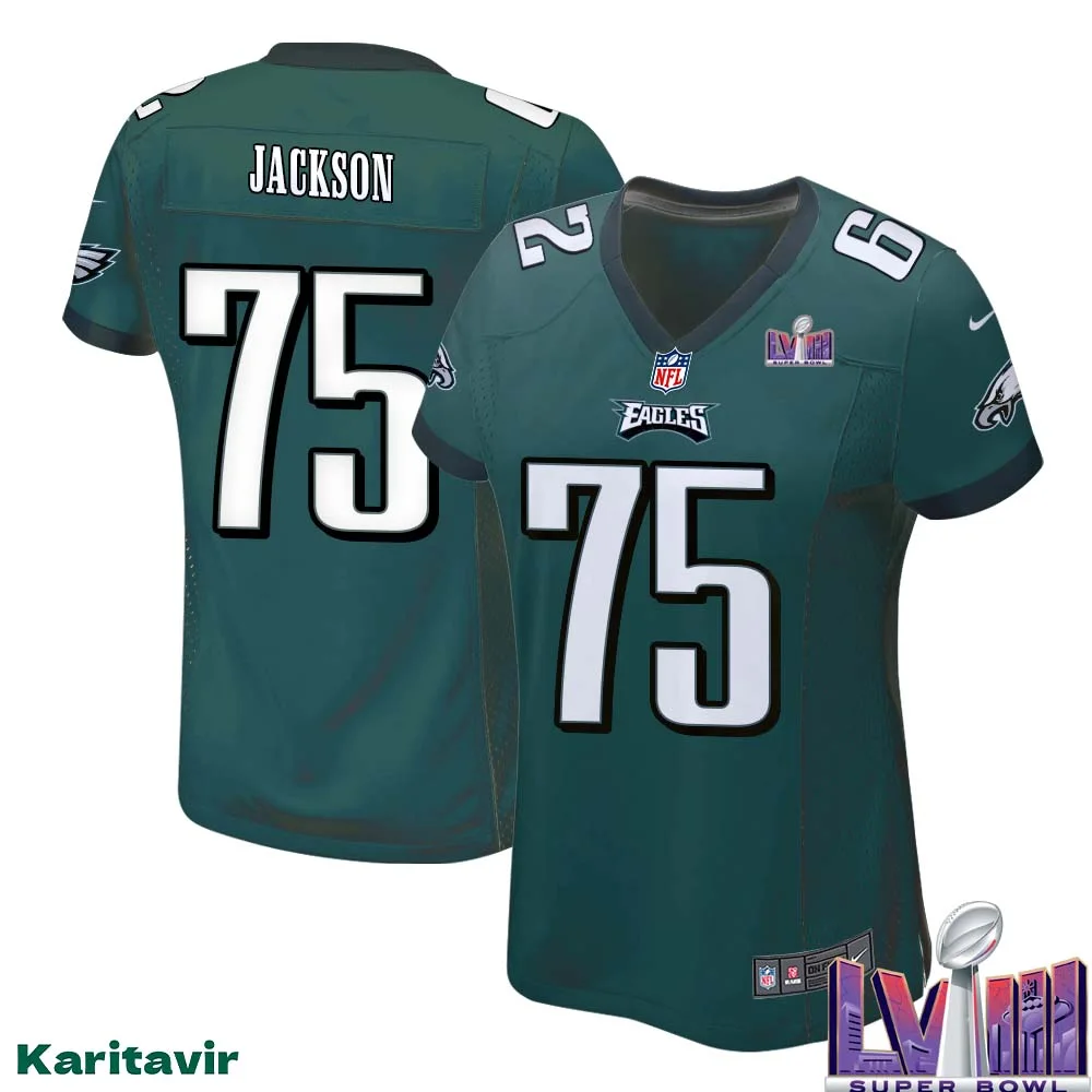 Tarron Jackson No 75 Women Midnight Green Philadelphia Eagles Super Bowl LVIII Home Game Player Jersey 1