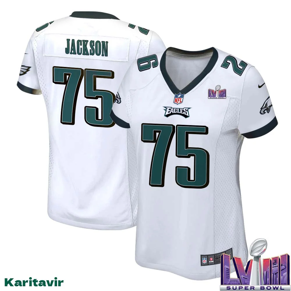 Tarron Jackson No 75 Women White Eagles Super Bowl LVIII Away Game Player Jersey 1