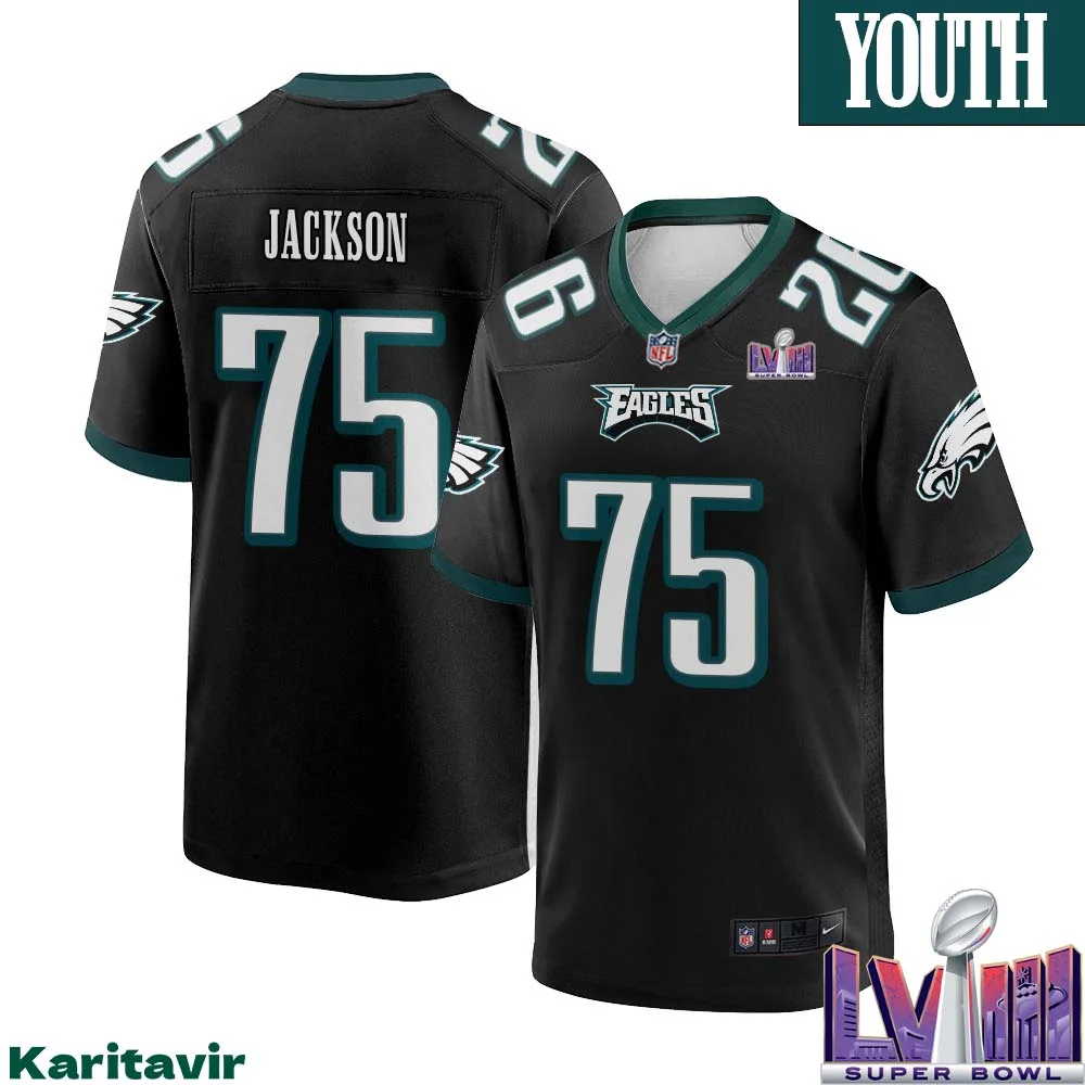 Tarron Jackson No 75 Youth Black Philadelphia Eagles Super Bowl LVIII Alternate Game Player Jersey 1
