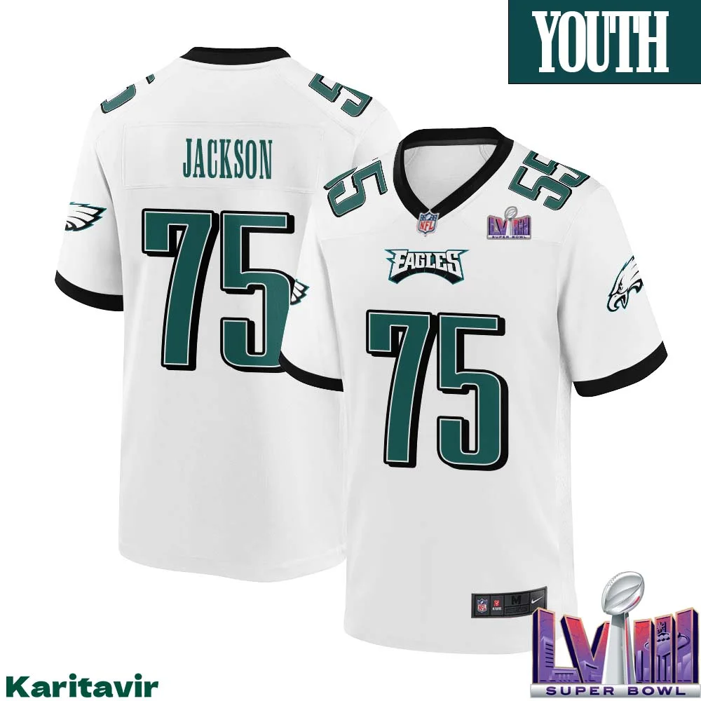 Tarron Jackson No 75 Youth White Philadelphia Eagles Super Bowl LVIII Away Game Player Jersey