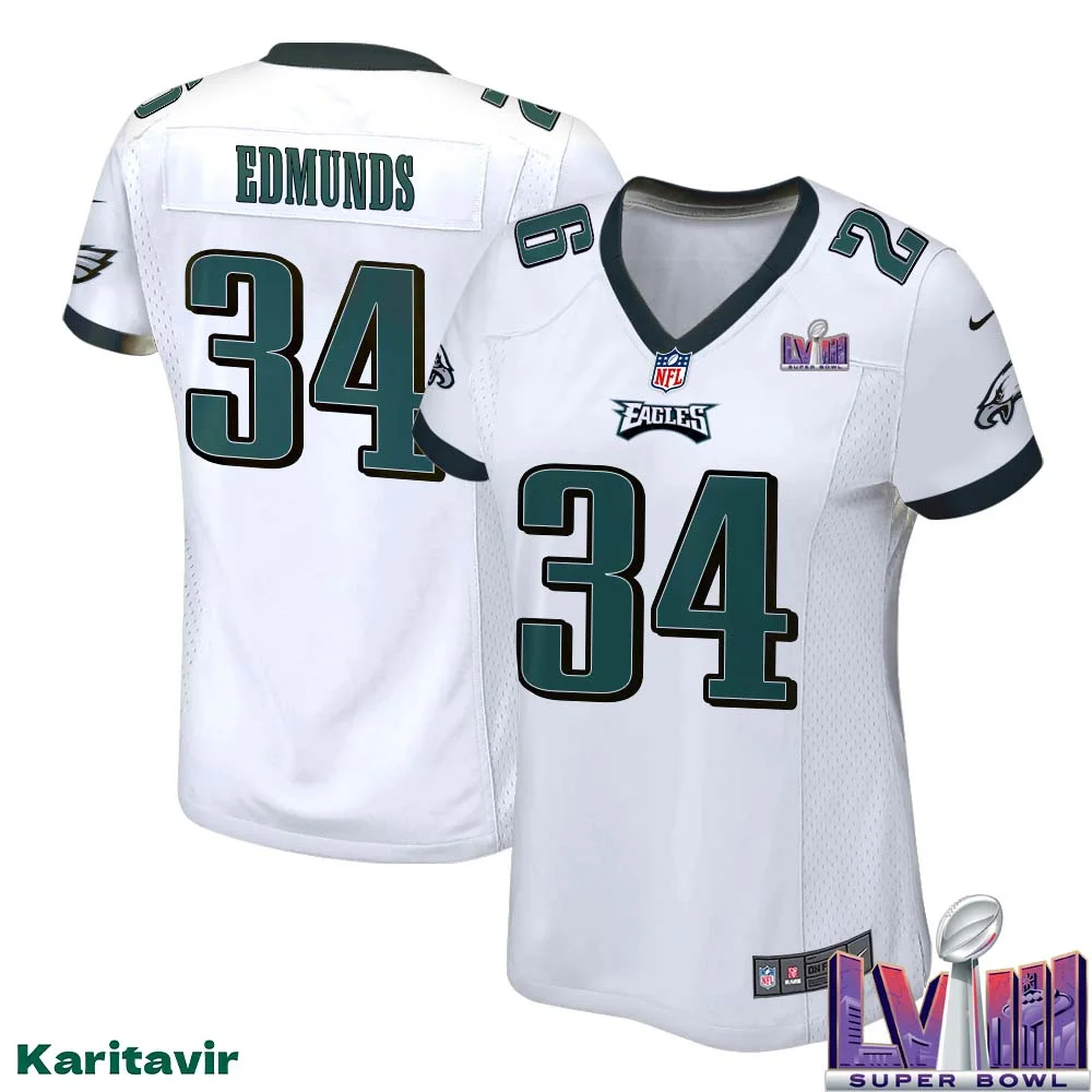 Terrell Edmunds No 34 Women White Eagles Super Bowl LVIII Away Game Player Jersey