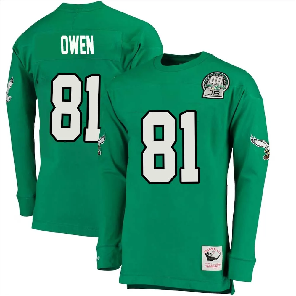 Terrell Owens Eagles No 81 Mitchell Ness Kelly Long Sleeve Top Green Philadelphia Eagles Throwback Retired Player