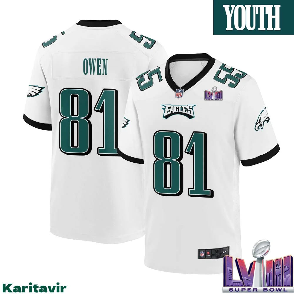 Terrell Owens No 81 Youth White Philadelphia Eagles Super Bowl LVIII Away Game Player Jersey