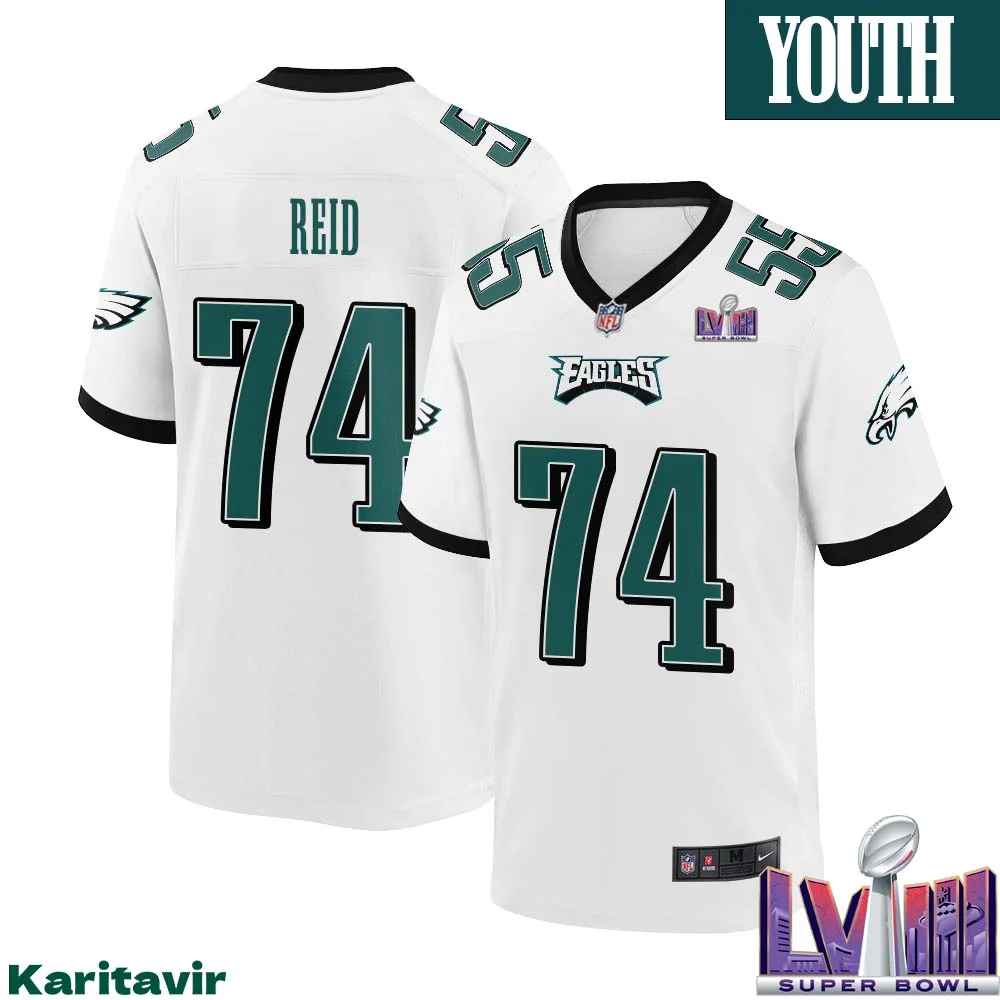 Trevor Reid No 74 Youth White Philadelphia Eagles Super Bowl LVIII Away Game Player Jersey 1