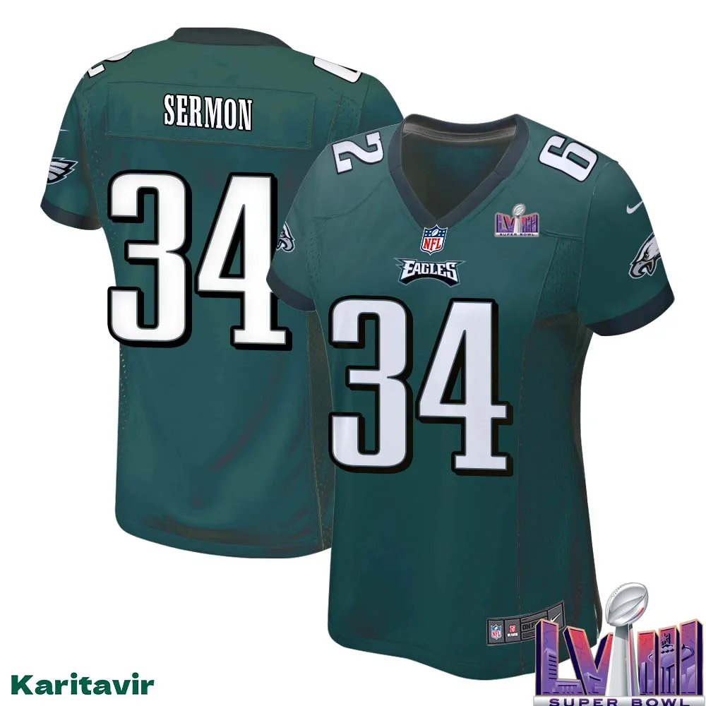 Trey Sermon No 34 Women Midnight Green Philadelphia Eagles Super Bowl LVIII Home Game Player Jersey