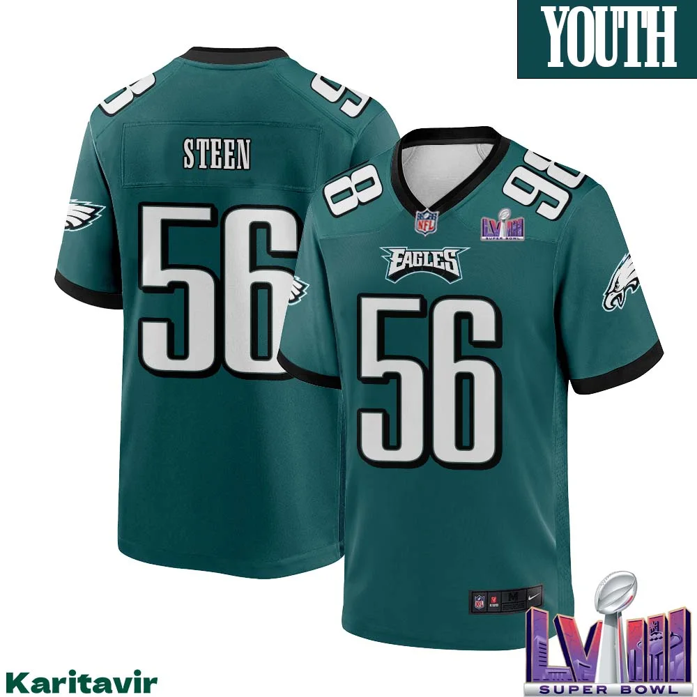 Tyler Steen No 56 Youth Midnight Green Philadelphia Eagles Super Bowl LVIII Home Game Player Jersey