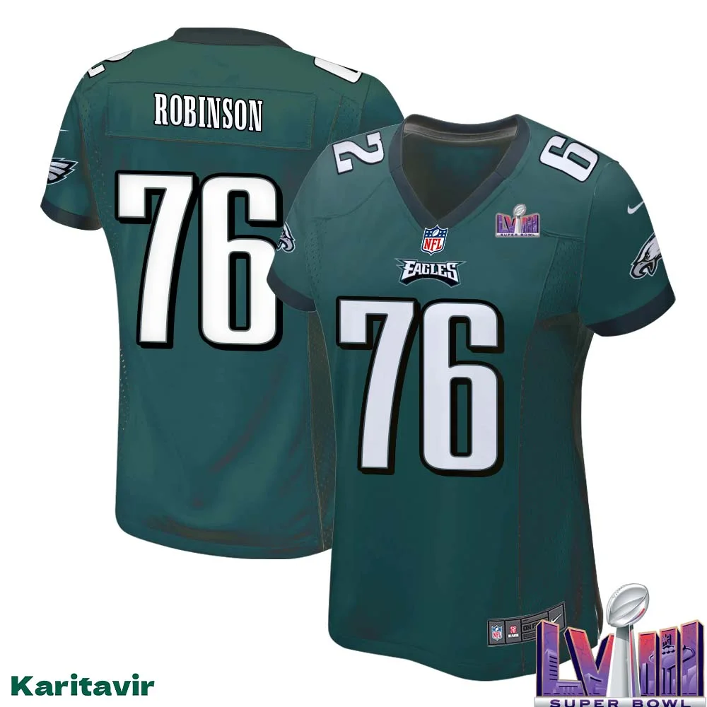 Tyrese Robinson No 76 Women Midnight Green Philadelphia Eagles Super Bowl LVIII Home Game Player Jersey 1