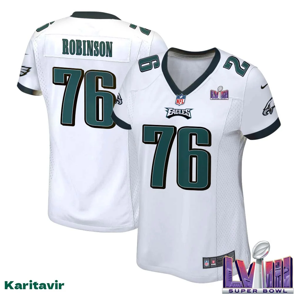 Tyrese Robinson No 76 Women White Eagles Super Bowl LVIII Away Game Player Jersey
