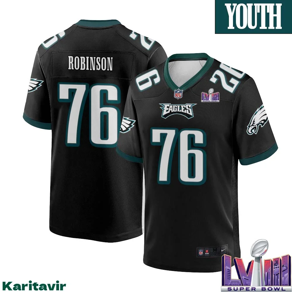 Tyrese Robinson No 76 Youth Black Philadelphia Eagles Super Bowl LVIII Alternate Game Player Jersey