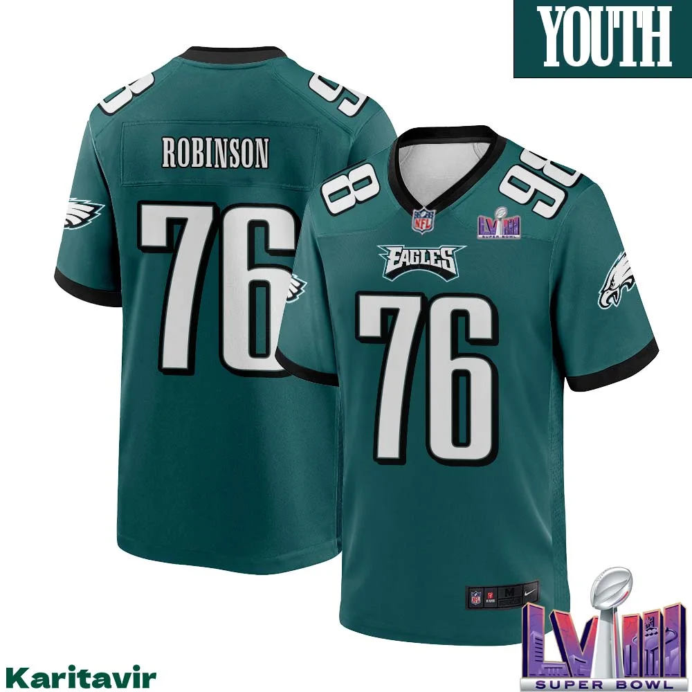 Tyrese Robinson No 76 Youth Midnight Green Philadelphia Eagles Super Bowl LVIII Home Game Player Jersey 1