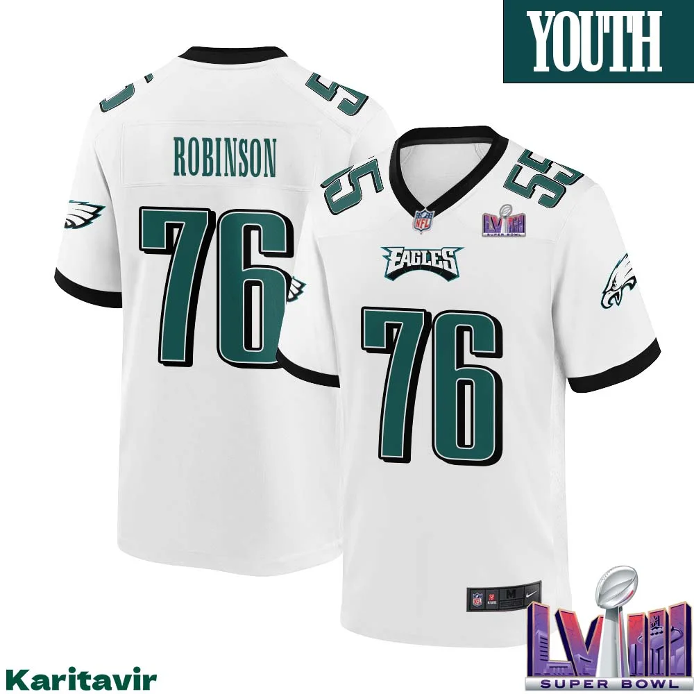 Tyrese Robinson No 76 Youth White Philadelphia Eagles Super Bowl LVIII Away Game Player Jersey 1
