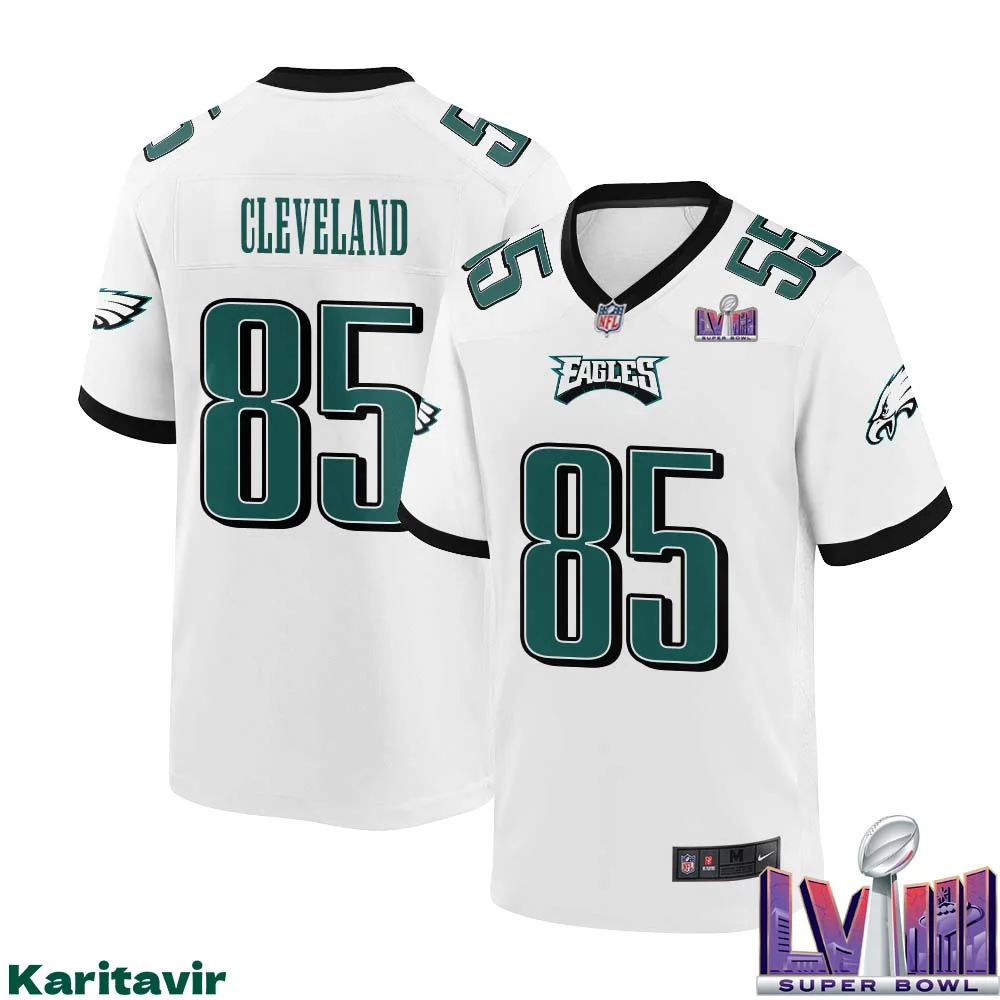 Tyrie Cleveland No 85 Men White Philadelphia Eagles Super Bowl LVIII Away Game Player Jersey