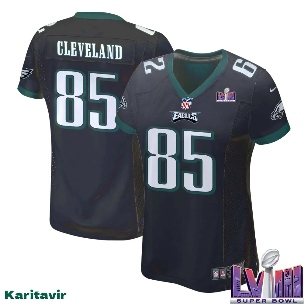 Tyrie Cleveland No 85 Women Black Philadelphia Eagles Super Bowl LVIII Alternate Game Player Jersey 1