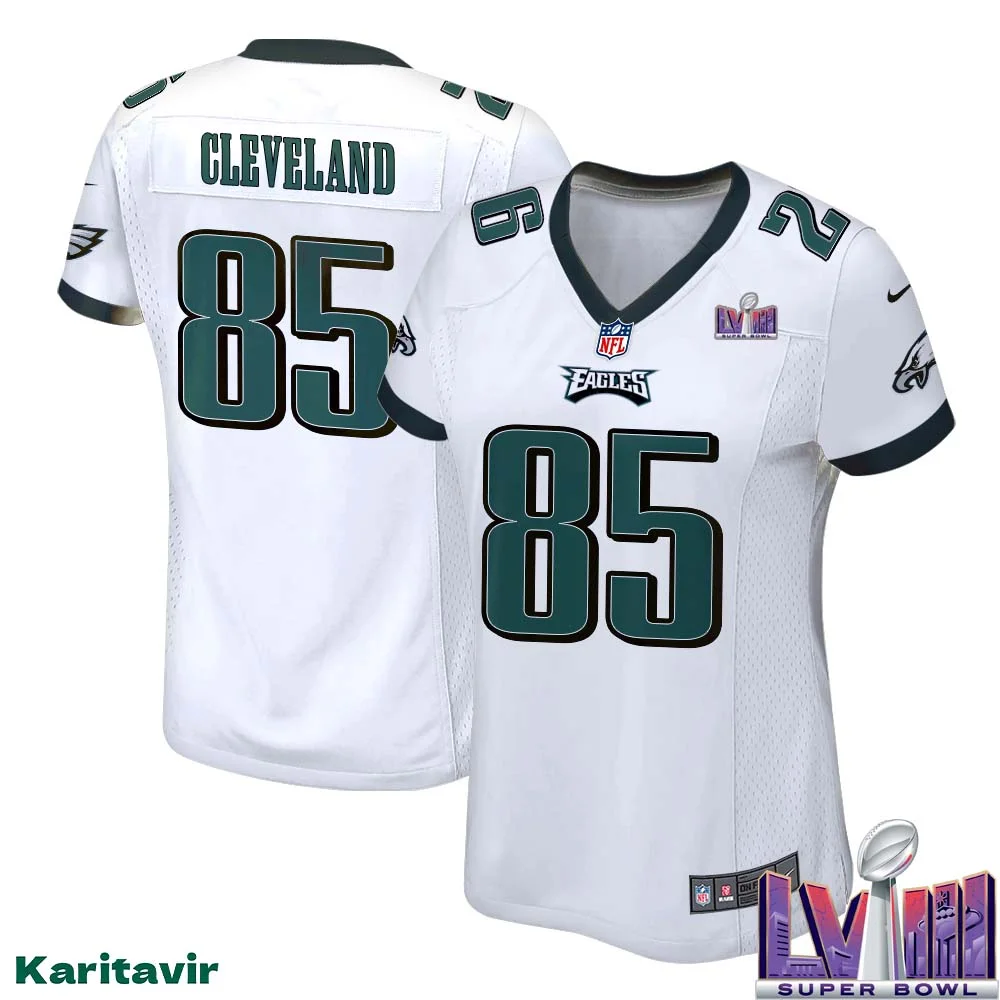 Tyrie Cleveland No 85 Women White Eagles Super Bowl LVIII Away Game Player Jersey 1