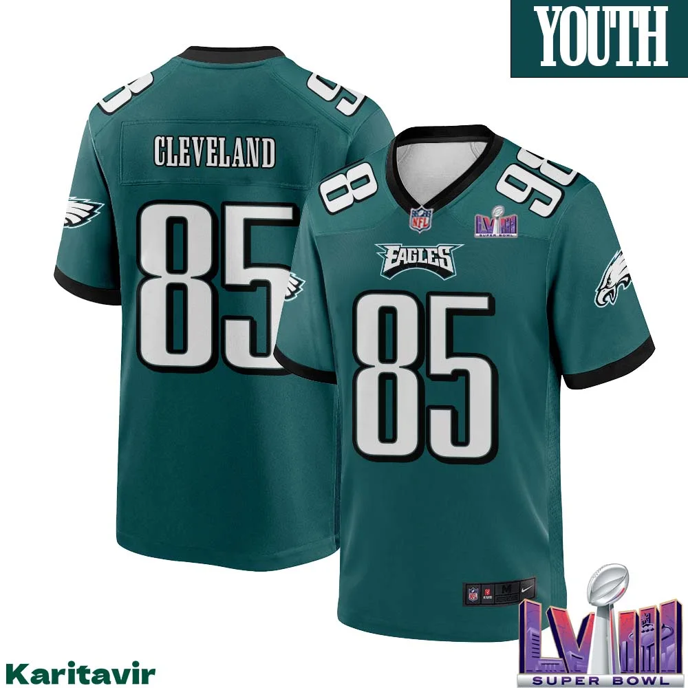 Tyrie Cleveland No 85 Youth Midnight Green Philadelphia Eagles Super Bowl LVIII Home Game Player Jersey 1