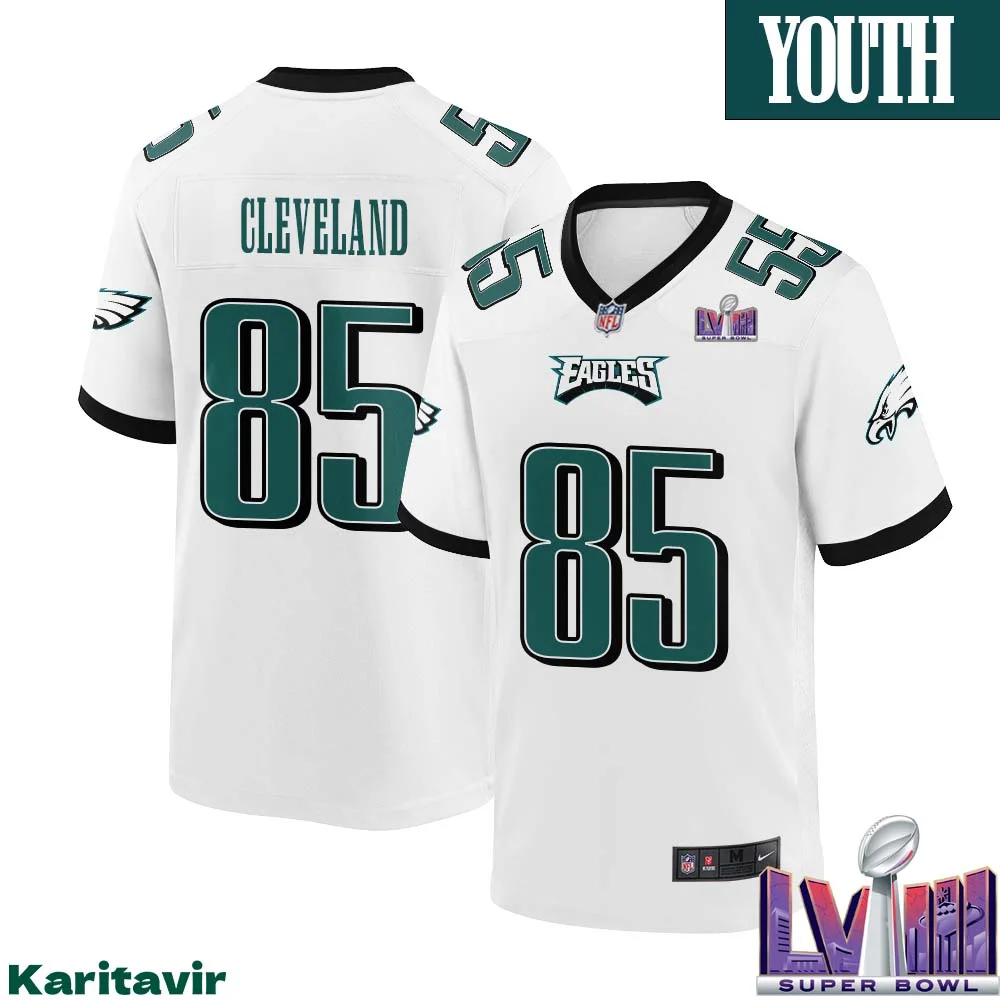 Tyrie Cleveland No 85 Youth White Philadelphia Eagles Super Bowl LVIII Away Game Player Jersey 1