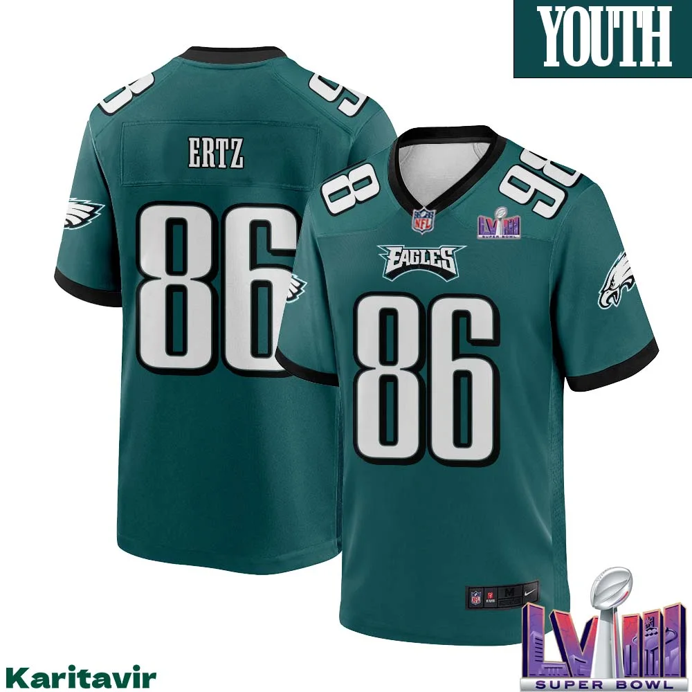 Zach Ertz No 86 Youth Midnight Green Philadelphia Eagles Super Bowl LVIII Home Game Player Jersey 1
