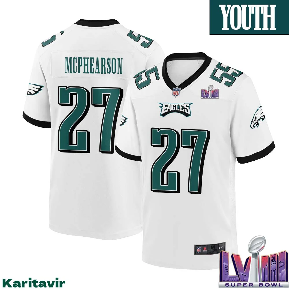 Zech Mcphearson No 27 Youth White Philadelphia Eagles Super Bowl LVIII Away Game Player Jersey