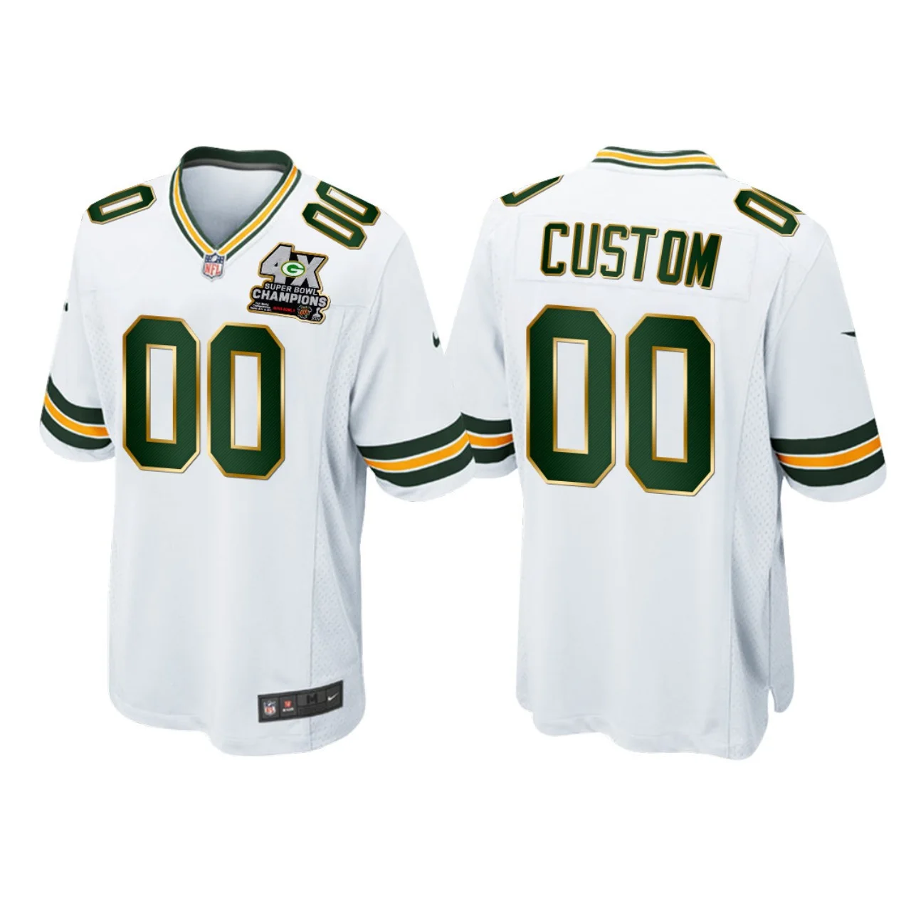 Men's Green Bay Packers #00 Custom White 4X Super Bowl Champions Patch Game Jersey -