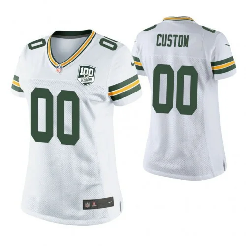 Woman's Green Bay Packers White 100th Anniversary Game Customized Jersey -