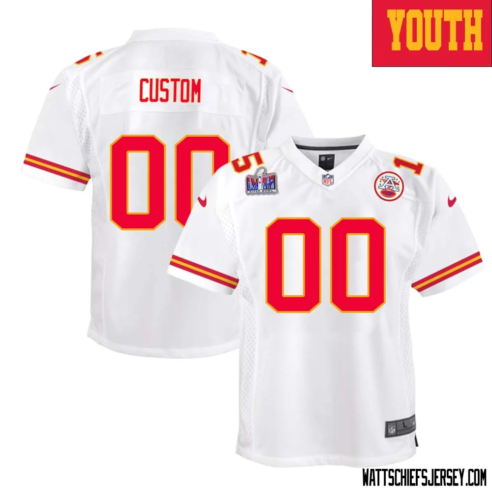 Custom Kanas City Chiefs Super Bowl LVIII Away Game Jersey for Youth - White -